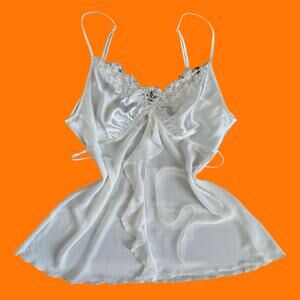 00's vintage white satin chiffon y2k bridal wedding lingerie slip dress MEDIUM